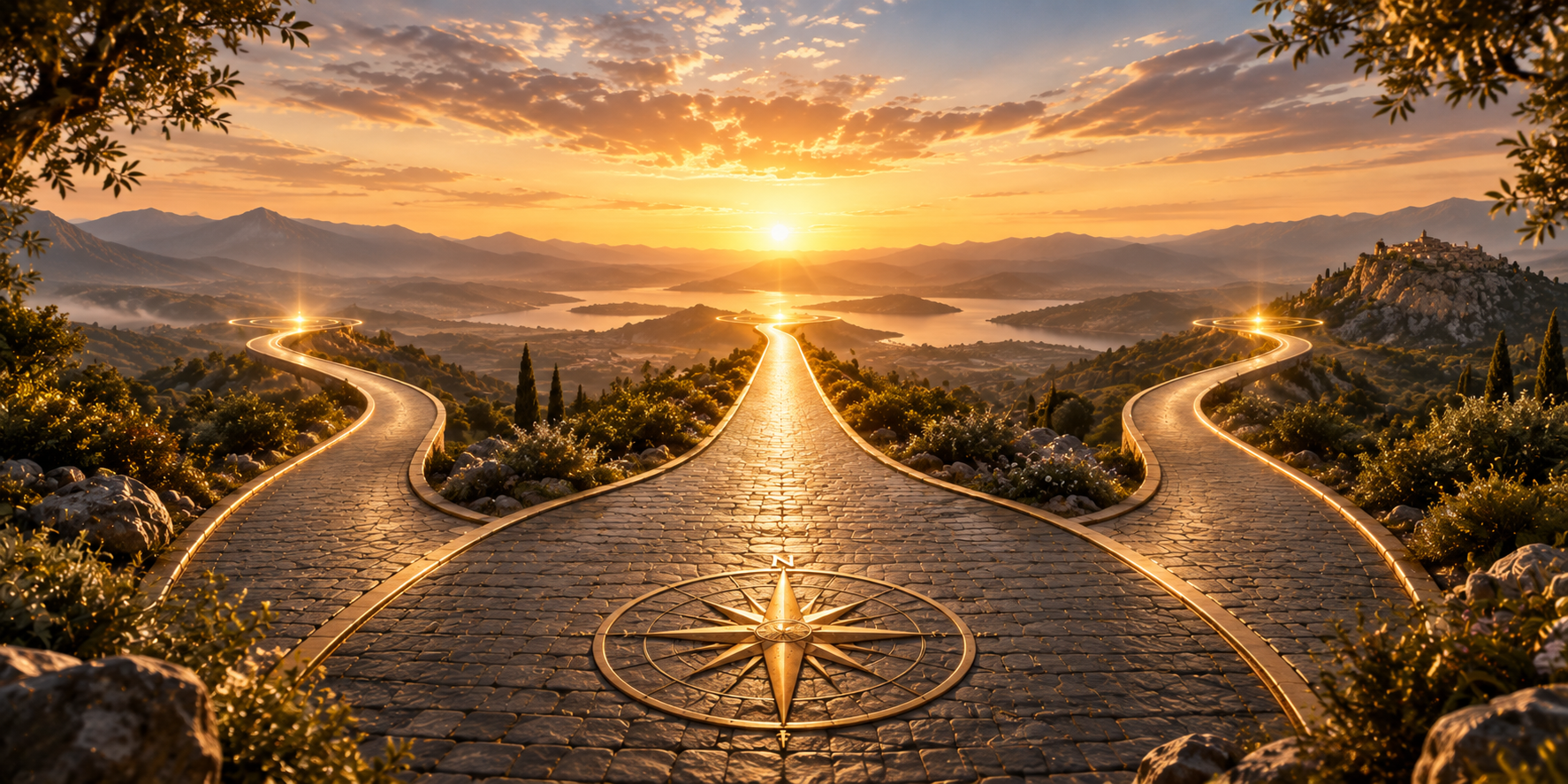 Tres caminos que parten desde una rosa de los vientos
